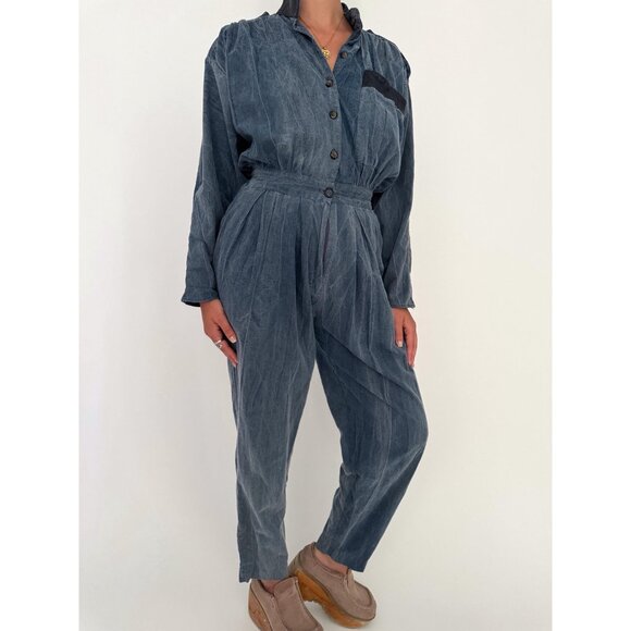 80s vintage blue chambray denim casual collared button up jumpsuit pantsuit - Picture 7 of 10